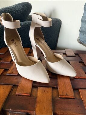 Nude Pointed Toe Ankle Strap Heels